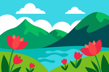 Fototapeta premium Illustration of Stunning Scenic View with Vibrant Flowers 