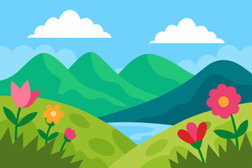 Illustration of Stunning Scenic View with Vibrant Flowers 
