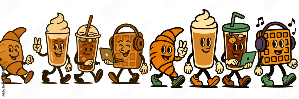 Aufkleber delicious cartoon characters representing various breakfast foods enjoying a joyful stroll in a live