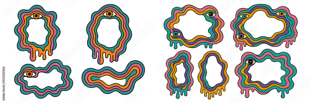 Aufkleber Colorful abstract shapes with eyes and wavy lines create a vibrant visual experience in an imaginative art context