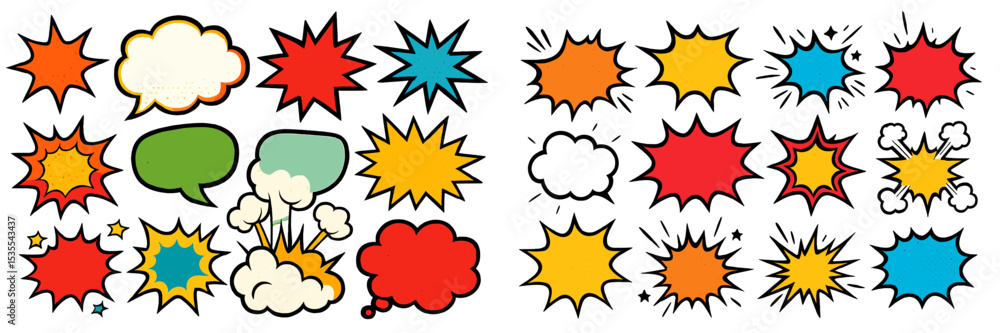 Poster colorful comic book style speech and thought bubbles with explosive effects on a white background fe