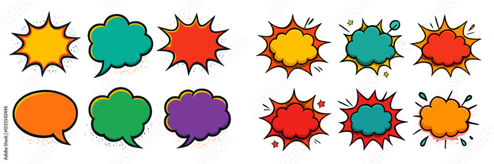 Poster colorful comic style speech bubbles in various shapes and sizes displayed on a white background