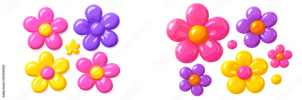Poster colorful decorative flowers in various shapes and sizes arranged on a white background for creative 