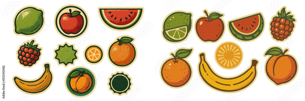 Poster variety of colorful fruit illustrations showcasing citrus and berries in a playful style for design 