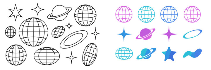 Colorful planets and stars illustrations with varying designs and styles showcasing creativity and imagination