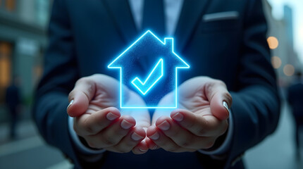 Business professional presenting glowing blue holographic house icon with checkmark, symbolizing real estate approval or security