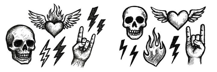 Fototapeta premium Creative collection of sketched skulls, hearts, and symbols depicting rock culture in a bold and edgy style
