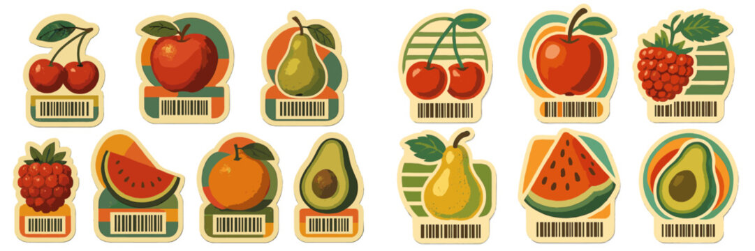 Colorful fruit stickers showcasing various fruits with barcodes on a light background for decorative or educational purposes