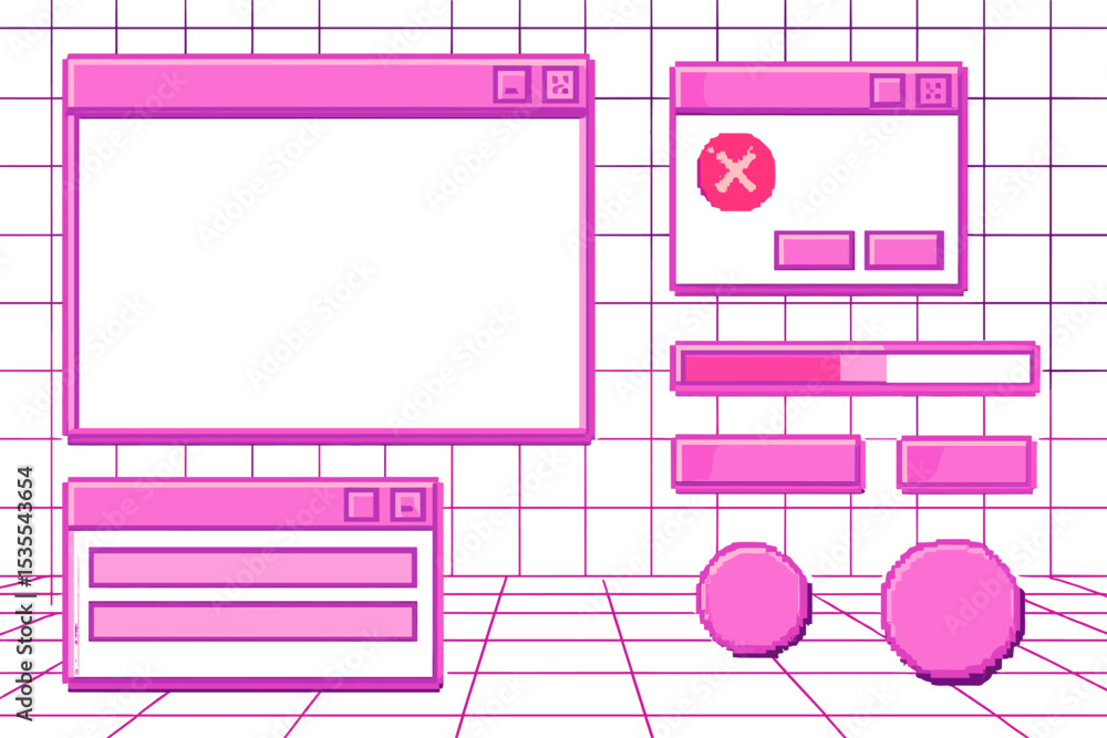 Poster Vibrant digital artwork features playful pink computer windows and shapes creating a whimsical retro aesthetic