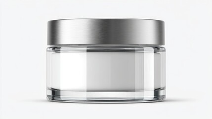 Glass cosmetic jar featuring metallic lid and pristine label, representing sleek packaging design for high end skincare and beauty product branding