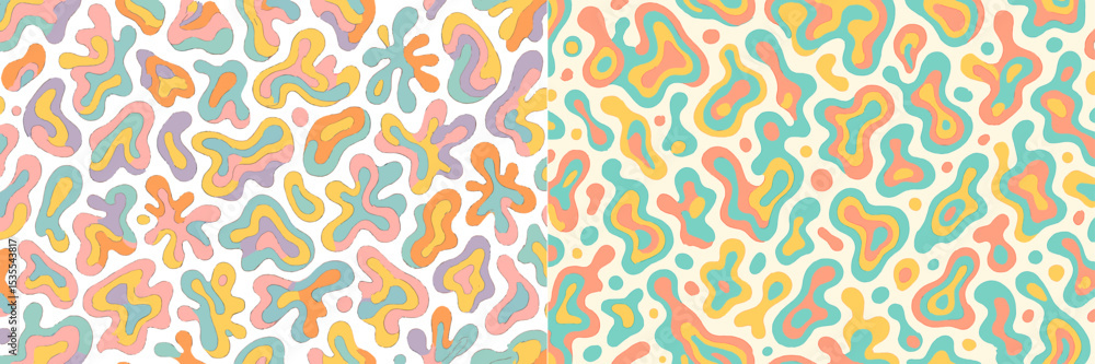 Poster Colorful abstract patterns with fluid shapes in pastel colors on contrasting backgrounds ideal for creative projects