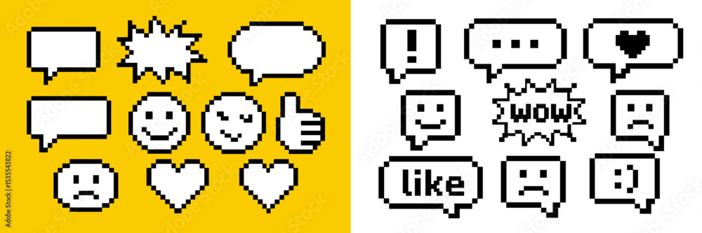 Aufkleber various emoticons and speech bubbles displayed in pixel art style on contrasting backgrounds