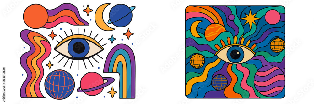 Poster colorful abstract designs showcase cosmic themes and eye motifs in vibrant hues and playful patterns