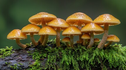 Fototapeta premium Cluster of small, golden-orange mushrooms on a mossy log