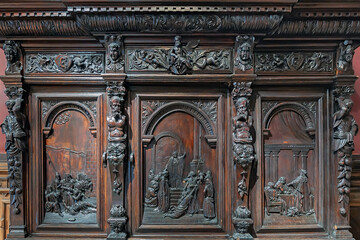 Wooden carved panel of ancient furniture