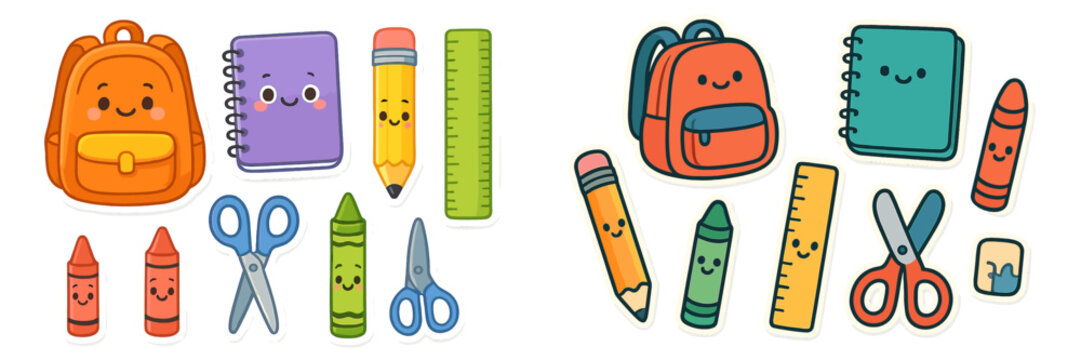 Colorful school supplies layout with cheerful illustrations and vibrant designs in a playful arrangement