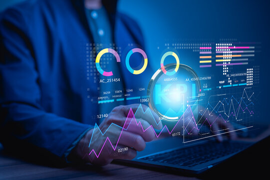 Experience Advanced Corporate Data Analysis With Professional Interactive Holographic Display, Showcasing Key Performance Indicators And Digital Line Graphs Using Cutting edge Technology - Powered by Adobe