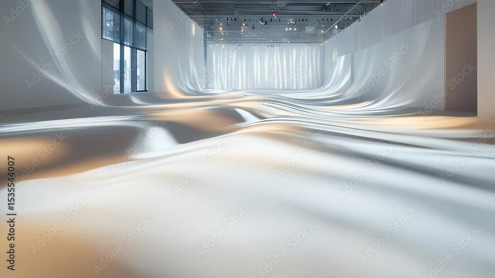 Poster white fabric installation with abstract shadows and geometric patterns in gallery