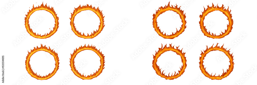Poster fire rings of various sizes arranged in a creative layout against a white background