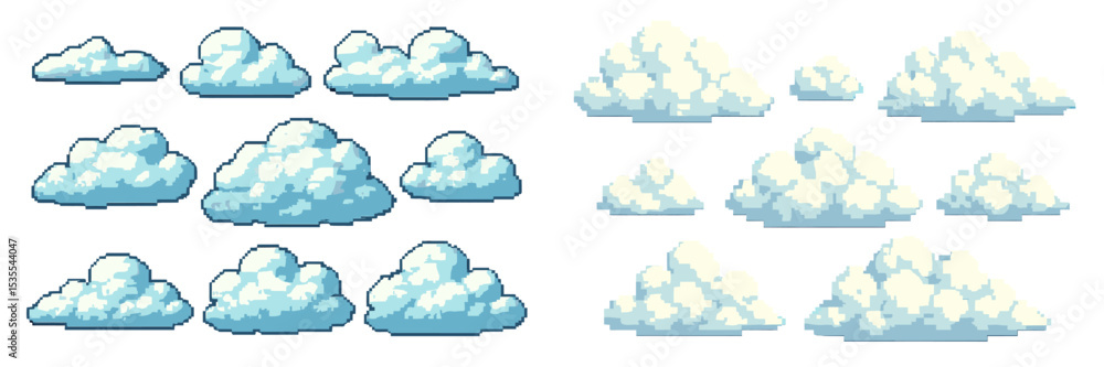 Poster Clouds of various shapes and sizes created in pixel art style for backgrounds and designs