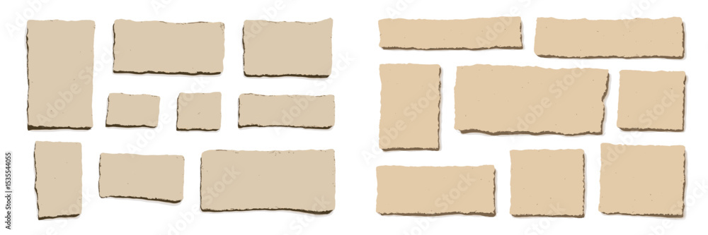 Poster various sizes and shapes of textured beige paper pieces arranged on a flat surface for artistic purp