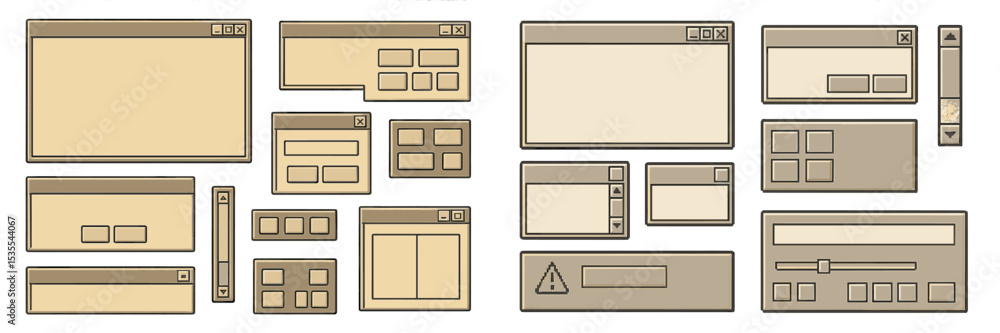 Poster Collection of various user interface design elements in a minimalist style showcasing frames, buttons, and alerts for digital applications