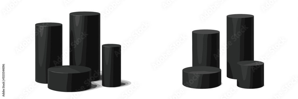 Poster black cylindrical shapes arranged in a modern setup with six varied heights on a white background