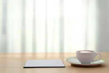 A clean wooden desk with a cup of coffee and blank notepad