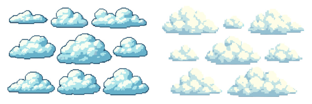 Clouds of various shapes and sizes created in pixel art style for backgrounds and designs
