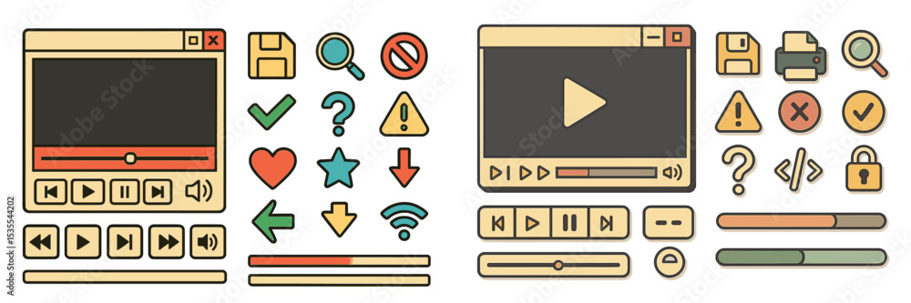 Poster Colorful digital media player icons with various controls and symbols for user interface design
