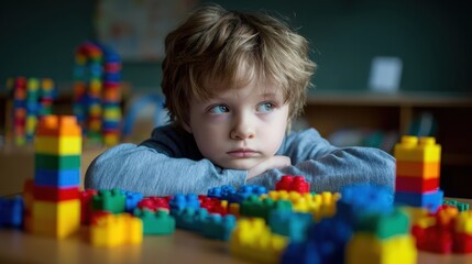 Preschool child leaning wearily on classroom table, surrounded by colorful building blocks, displaying dejected mood and disconnected gaze signaling emotional fatigue