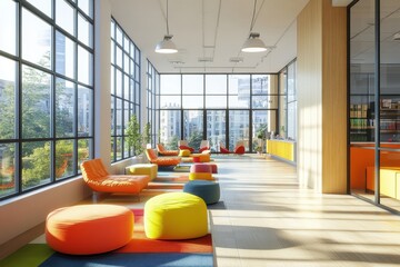 Modern office lobby with colorful seating and large windows
