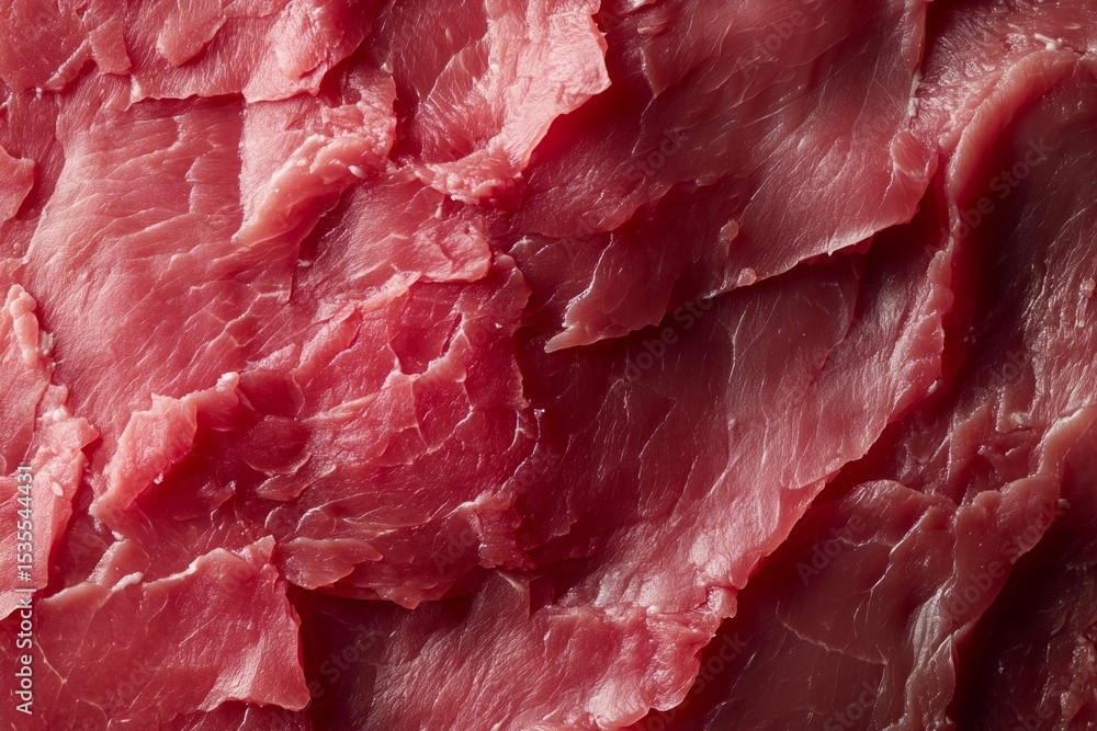 Poster close-up of overlapping thin slices of fresh red meat forming an abstract textured background