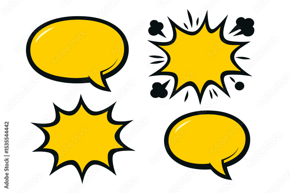 Poster graphic speech bubbles and explosion shapes with bold outlines in yellow on a white background, idea