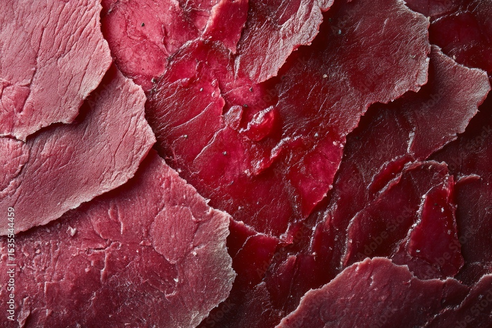 Poster close-up of overlapping bresaola slices, creating a textured background with rich red hues