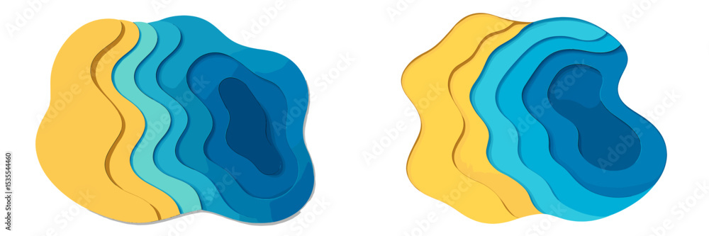 Poster colorful layered shapes create an abstract design with blue and yellow hues on a white background fo