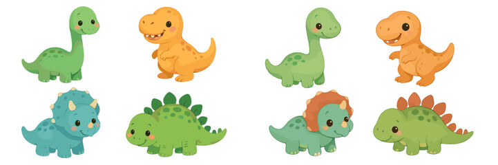 Obraz premium Colorful cartoon dinosaurs in playful poses on a white background perfect for children's illustrations or educational materials