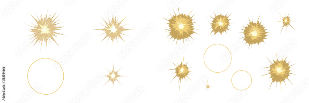 Poster bright golden starburst shapes with various sizes and styles for creative design elements