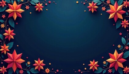 Deep navy backdrop, repeating geometric floral stars, cosmos, night, botanical
