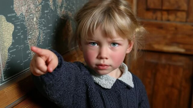 Curious child pointing toward discovery in rustic classroom environment