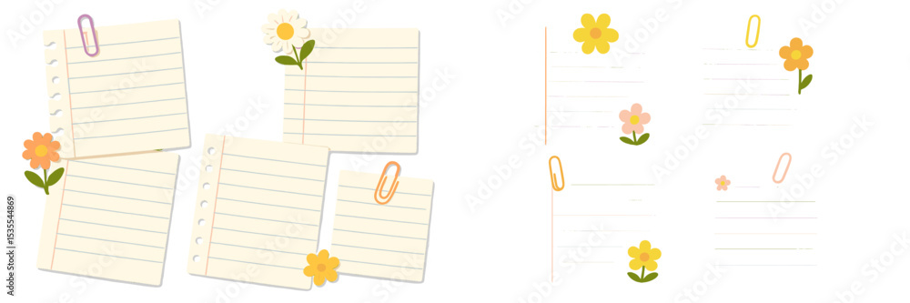 Poster colorful sticky notes with flowers and paperclips arranged on a bright background for organizing tho