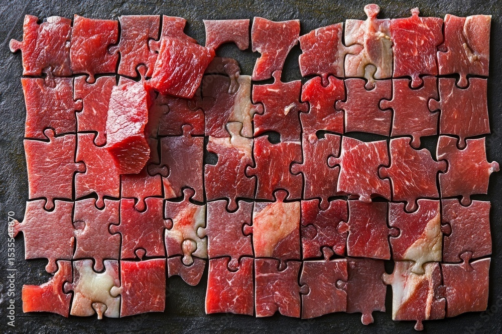 Aufkleber interlocking raw beef puzzle pieces creating a rectangular shape on a dark textured surface