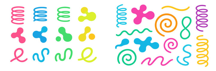 Colorful abstract shapes and lines create a vibrant design in a playful style suitable for various creative projects