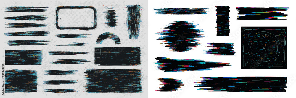 Poster abstract digital design featuring glitch effects and contrasting strokes in a monochromatic palette 