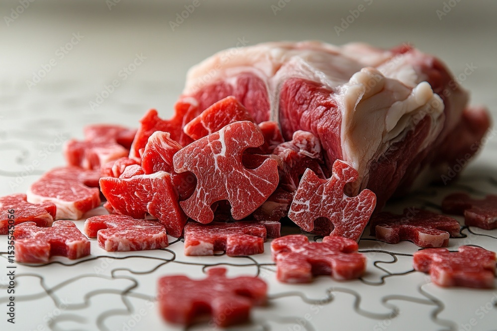 Poster puzzle-shaped pieces of raw beef lying on a puzzle-patterned surface, symbolizing the intricate natu