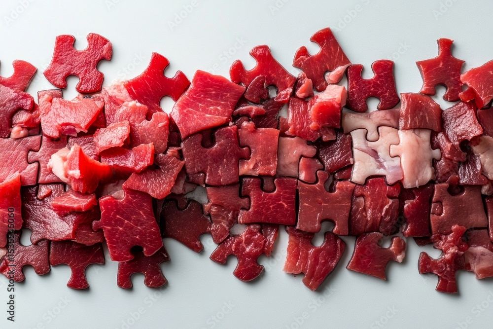 Poster puzzle pieces made of red meat creating a line on a white background, representing the complex relat