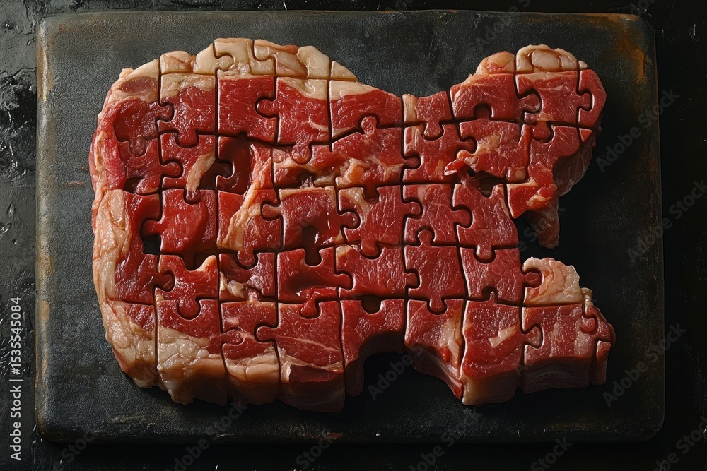 Poster fresh cut of beef in the shape of a jigsaw puzzle, representing the complexity of meat consumption