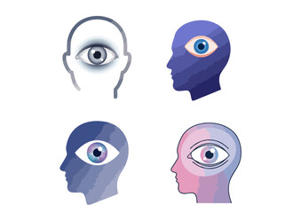 Obraz premium Open eye inside a head silhouette with soft gradients, representing mindful observation of self on transparent background 