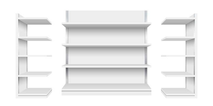 Empty supermarket shelves isolated on white background. 3d render