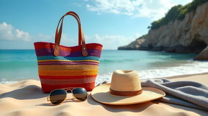Colorful striped beach bag with sun hat and sunglasses on sandy shore, ideal for summer promotions
